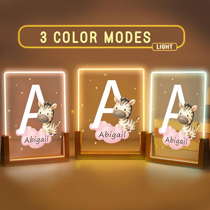 Custom Baby Gift Night Light for Baby Boys Girls Nursery Decor, Personalized Initial Name LED Night Light with Wooden Base, LED Color-Changing Lamp for Toddlers Kids 3
