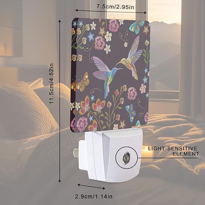 Vintage Hummingbird Butterfly Flowers Night Light Plug-in LED Nightlights Auto Sensor Night Lamp Dusk-to-Dawn Lamp Home Decor for Nursery Children Girls Boys