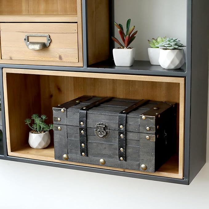 Deluxe Wooden Treasure Chest - 11" x 7.1" x 5.5", Elegant Storage Box with Sturdy Hinged Lid, Vintage-Inspired Decorative Trunk for Keepsakes, Black