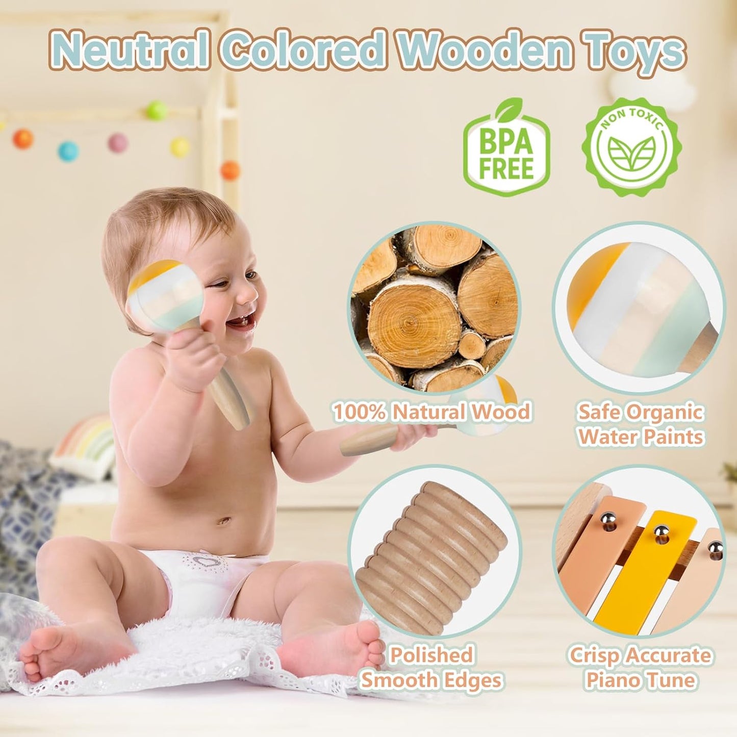 Baby Musical Instruments - Neutral Colors Musical Toys for Toddlers 1-3, Montessori Wooden Percussion Instruments Set with Modern Boho Xylophone Tambourine, Kids Preschool Educational Birthday Gifts