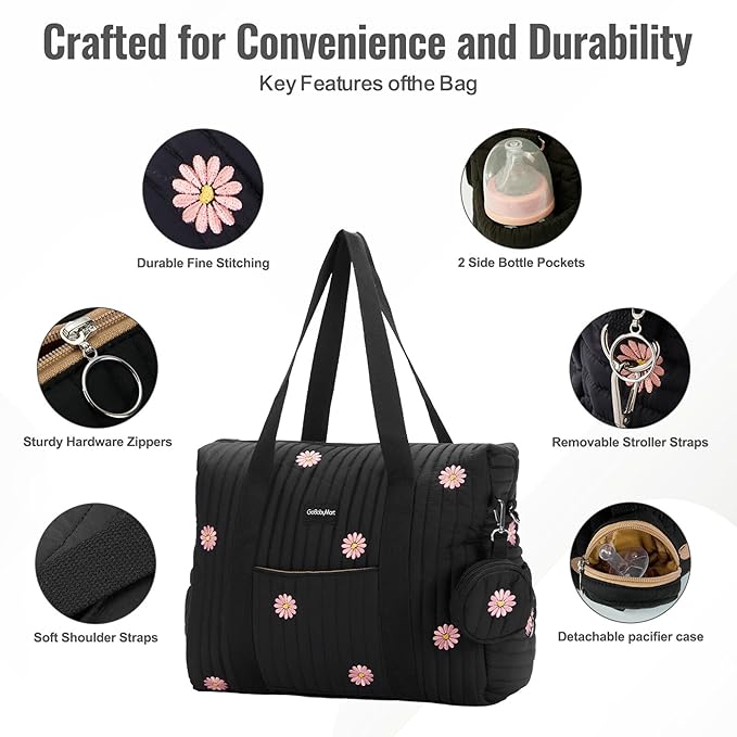 Large Diaper Bag Tote, Maternity Hospital Travel diaper tote, Multifunction baby bag, Baby Nappy Bags, Messenger bag (Medium - Black Flowers)