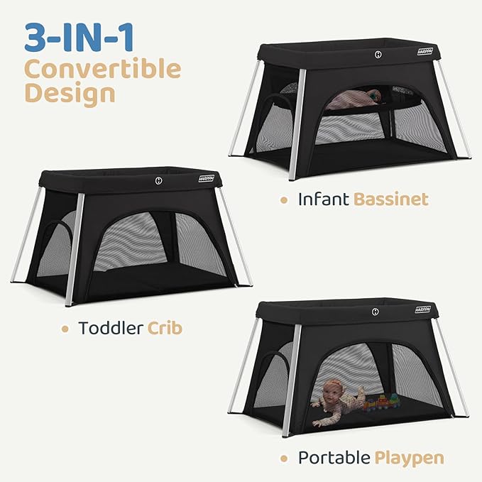 HARPPA Travel Crib with Comfy Mattress, Lightweight Portable Crib Requires No Assembly, Foldable Pack and Play for Baby and Toddlers, Compact Play Yard with Bed,Black