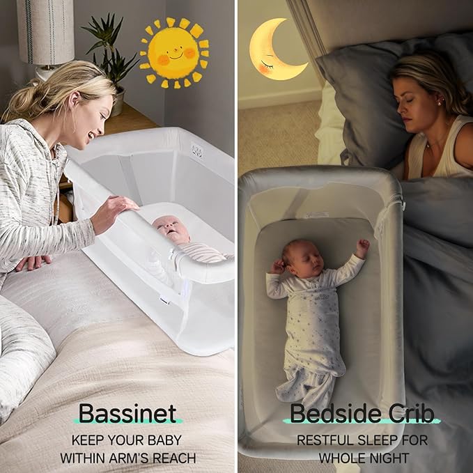 Cowiewie Bassinet Bedside Sleeper,Baby Bassinets Higher Place on Bed,5-Position Adjustment Baby Crib,Breathable 360° Mesh Sides Bedside Bassinet,Space-Saving Bedside Cribs, Height(37.4-41.3") (White)