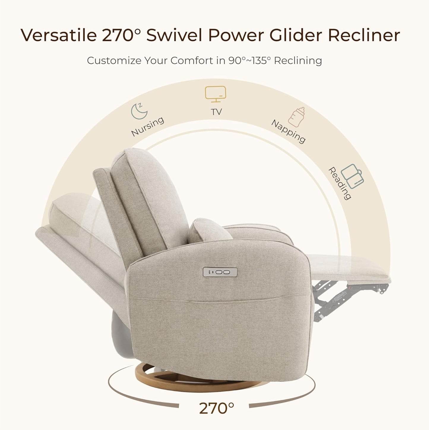 CHITA Power Nursery Glider Recliner Chair, Electric Swivel Rocker Recliner for Adults, Rocking Chair with Removable Lumbar Pillow for Living Room, FSC Certified, Fabric in Khaki