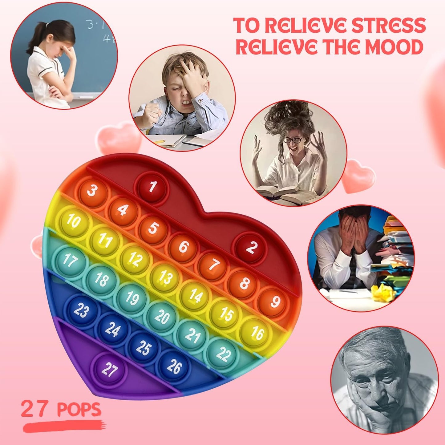 Rainbow Heart Shaped Pop Bubble Valentines Fidget Toy with Letters and Numbers, Xmas Gift Sensory Toy with Alphabets Kids Birthday Party Classroom Prize Stress Reliever