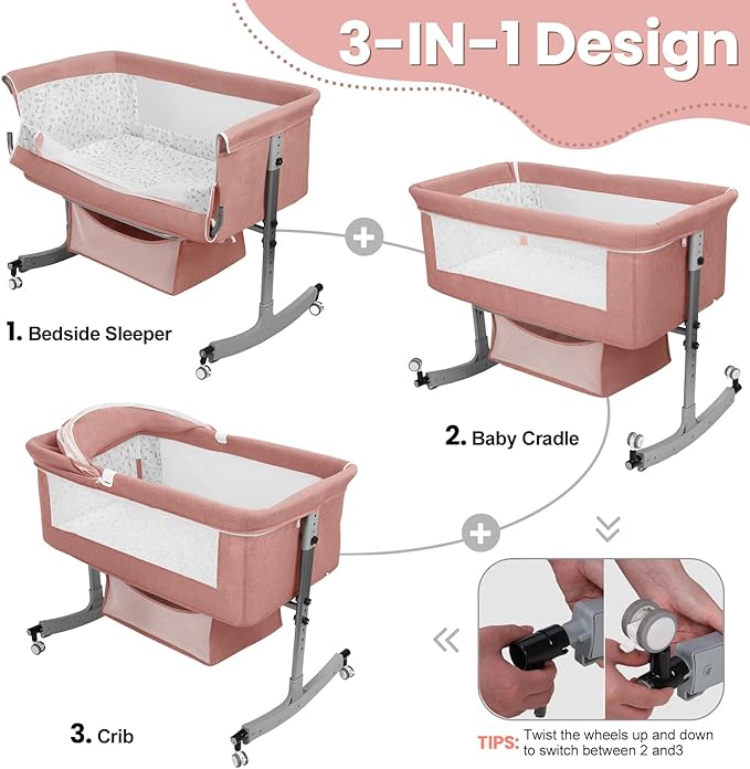 3-in-1 Baby Bassinet Bedside Sleeper for Newborns & Infants - 6-Level Height Adjustable, Portable Convertible Bassinet/Cradle with Mosquito Net, Storage Basket & Wheels,Easy Assemble (Pink)