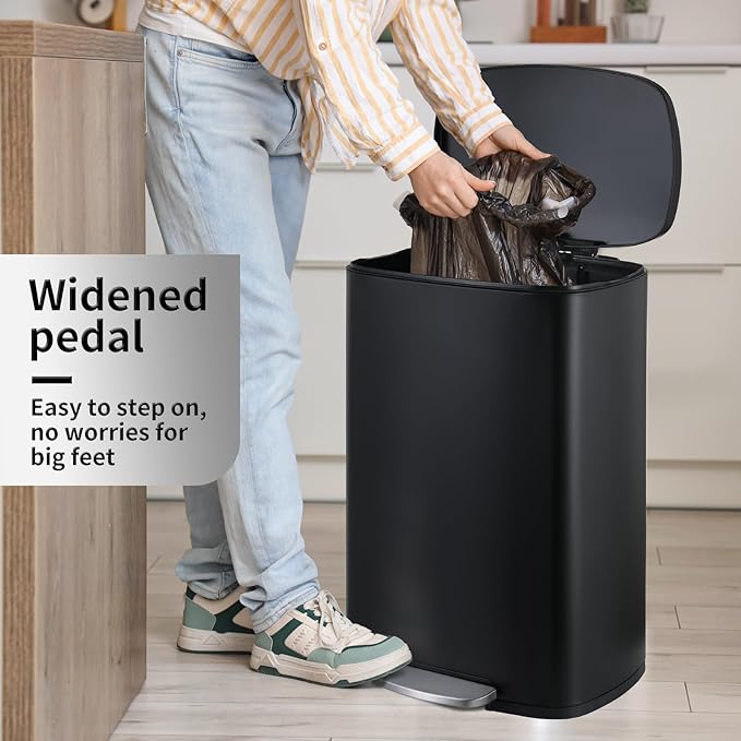13.2+1.3 Gallon Trash Can Combo Set, Stainless Steel Garbage Bin with Pedal, Removable Inner Waste Bucket, Anti-Fingerprint, Soft-Close Locking Lid Dustbin for Kitchen, Bathroom, Office
