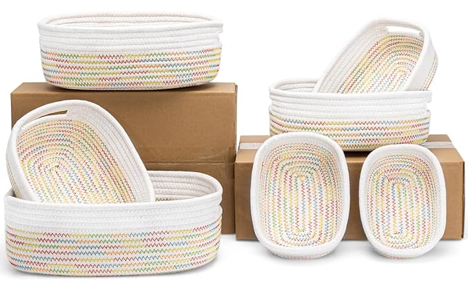 7 Piece Cotton Rope Woven Basket Set - Small Basket for Baby Nursery, Pets, Montessori, Dog & Cat Toy Boxes, Bathroom Organization Bins (White/Rainbow Stitching)