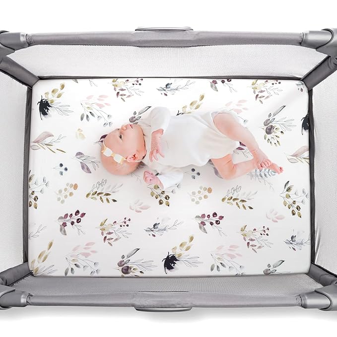 GRSSDER Stretchy Ultra Soft Jersey Knit Fitted Pack n Play Sheets Set 2 Pack,Fits Portable Playard/Mini Cribs Mattress Snug and Safe,Watercolor Purple Flora for Baby