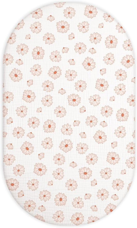 Bassinet Sheet for Baby Boy and Girl, Fitted Sheets for Rectangle, Oval, Hourglass Bassinet Mattress, Muslin Moses Basket Sheets with Neutral Style (Flower-A)