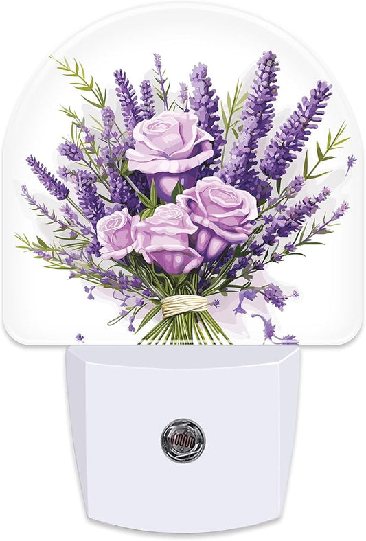 Purple Lavender Louquet Night Light Plug into Wall,Watercolor Blooming Lavender Floral Dusk to Dawn Night Light Plug in,0.5w Energy Saving Sleep Friendly NightLight for Kids Boys Girls Home Decor