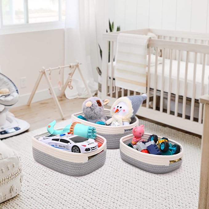 7 Piece Cotton Rope Woven Basket Set - Small Basket for Baby Nursery, Pets, Montessori, Dog & Cat Toy Boxes, Bathroom Organization Bins (White/Gray)