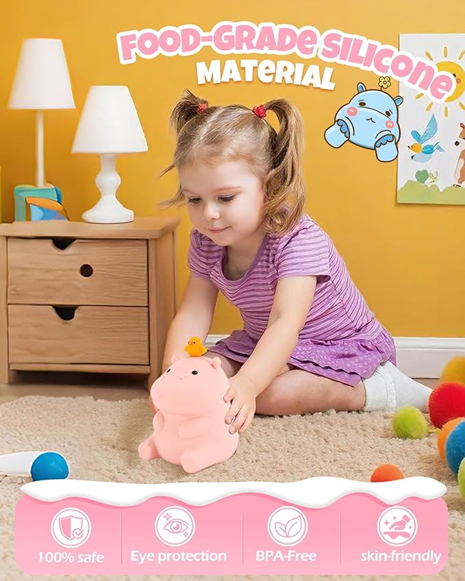 Cute Hippo Night Light, Animal Lamp, Food Grade Silicone, Rechargeable, 2 Level Dimmable, Squishy Nursery Nightlight for Desk Decor, Funny Gifts Stuff for Boys Girls Baby, White Elephant Gifts