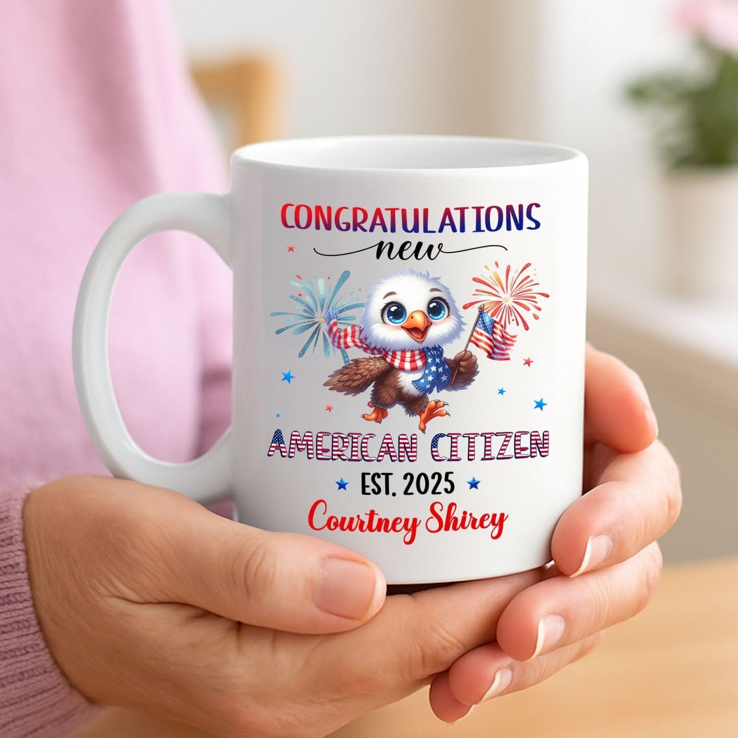 Congratulations New American Citizen Coffee Mug Gift For Daughter Son Sister Brother, Customized Congrats US Citizen White Coffee Cup With Year & Name, Personalized US Citizenship Teacup 11Oz 15Oz