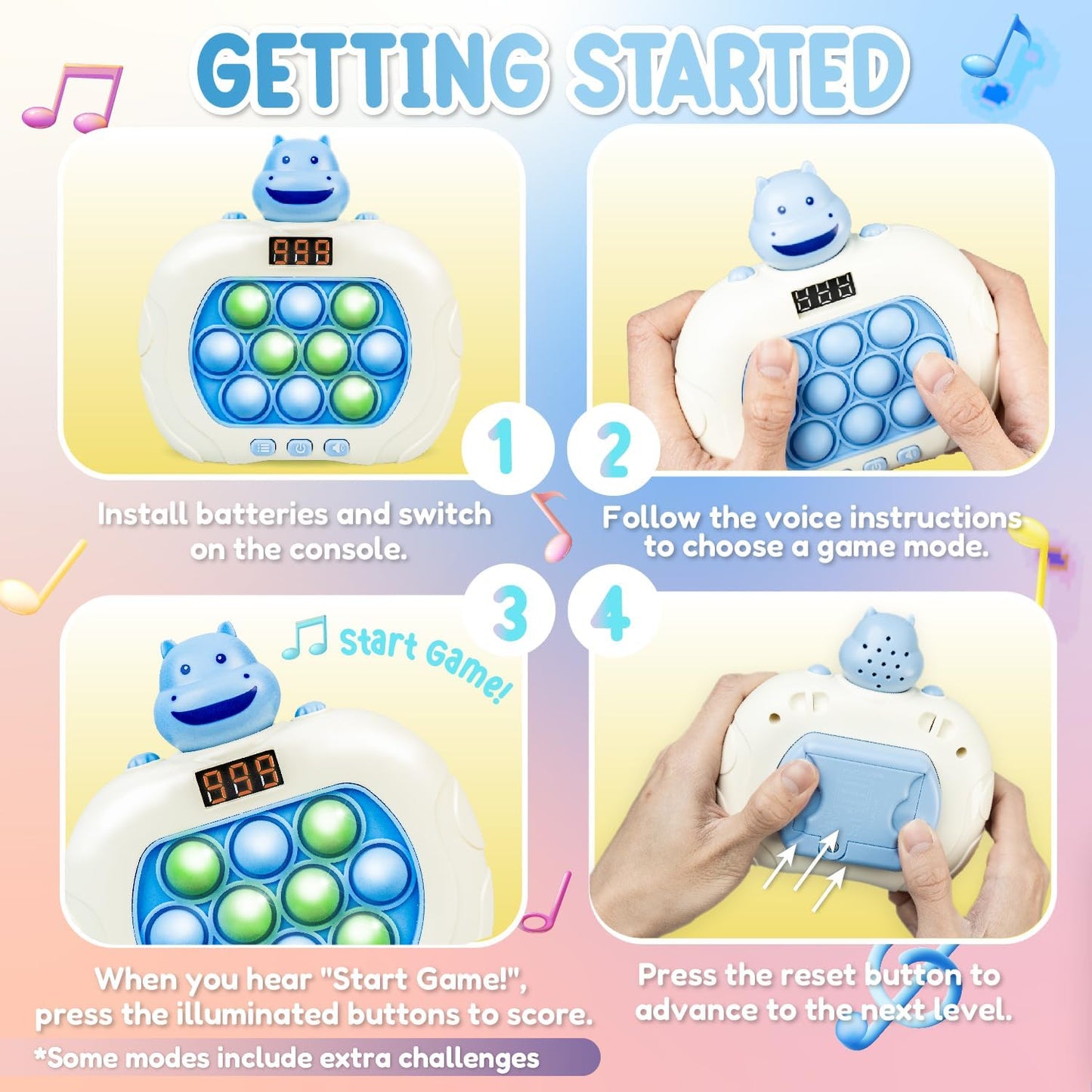 Marlo & Buzz Fast Push Game Toy with Popit Game Controller, Pop Fidget Animal with LED Screen - Sensory and Memory Console, Quick Bubble Light Toy, Pocket Games (Hippo)