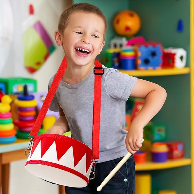 Kids Drum Set,8 in Wooden Toy Drum Set,Educational Baby Musical Toys Drum with Adjustable Strap 2 Drumsticks,Sensory Musical Instrument Drum Toy for Toddler Boys & Girls Gift(Red)