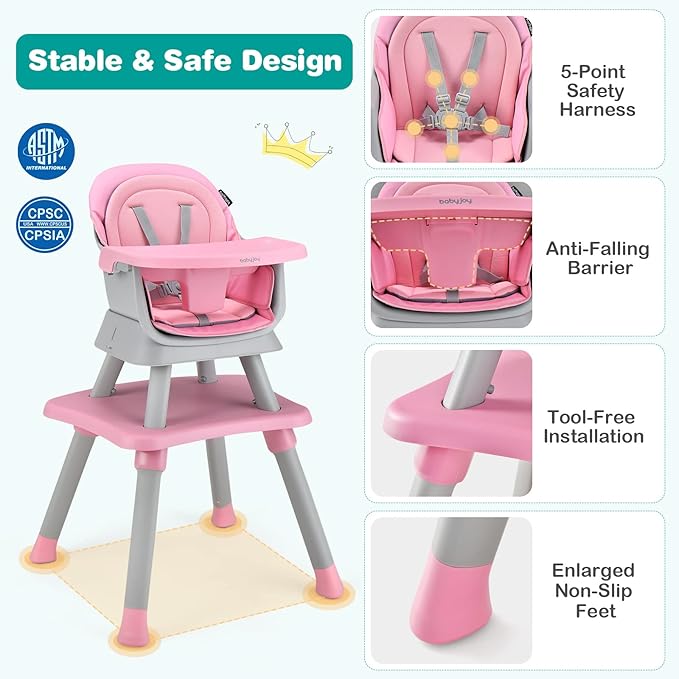 BABY JOY Baby High Chair, 8 in 1 Convertible Highchair for Babies & Toddlers | Booster Seat | Table and Chair Set | Building Block Table | Toddler Chair with Safety Harness, Removable Tray (Pink)