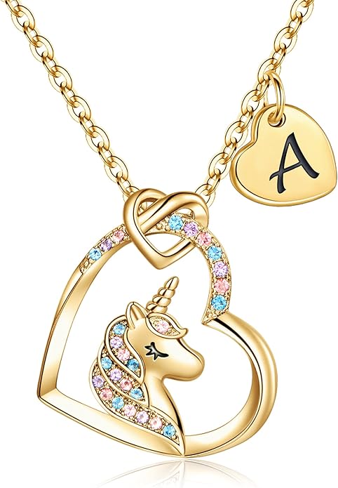 Hidepoo Unicorn Necklace Gifts for Girls - Colorful CZ Heart Pendant Initial Unicorns Necklaces for Teens Little Girls Jewelry Birthday Gift for Girl Daughter Granddaughter Niece