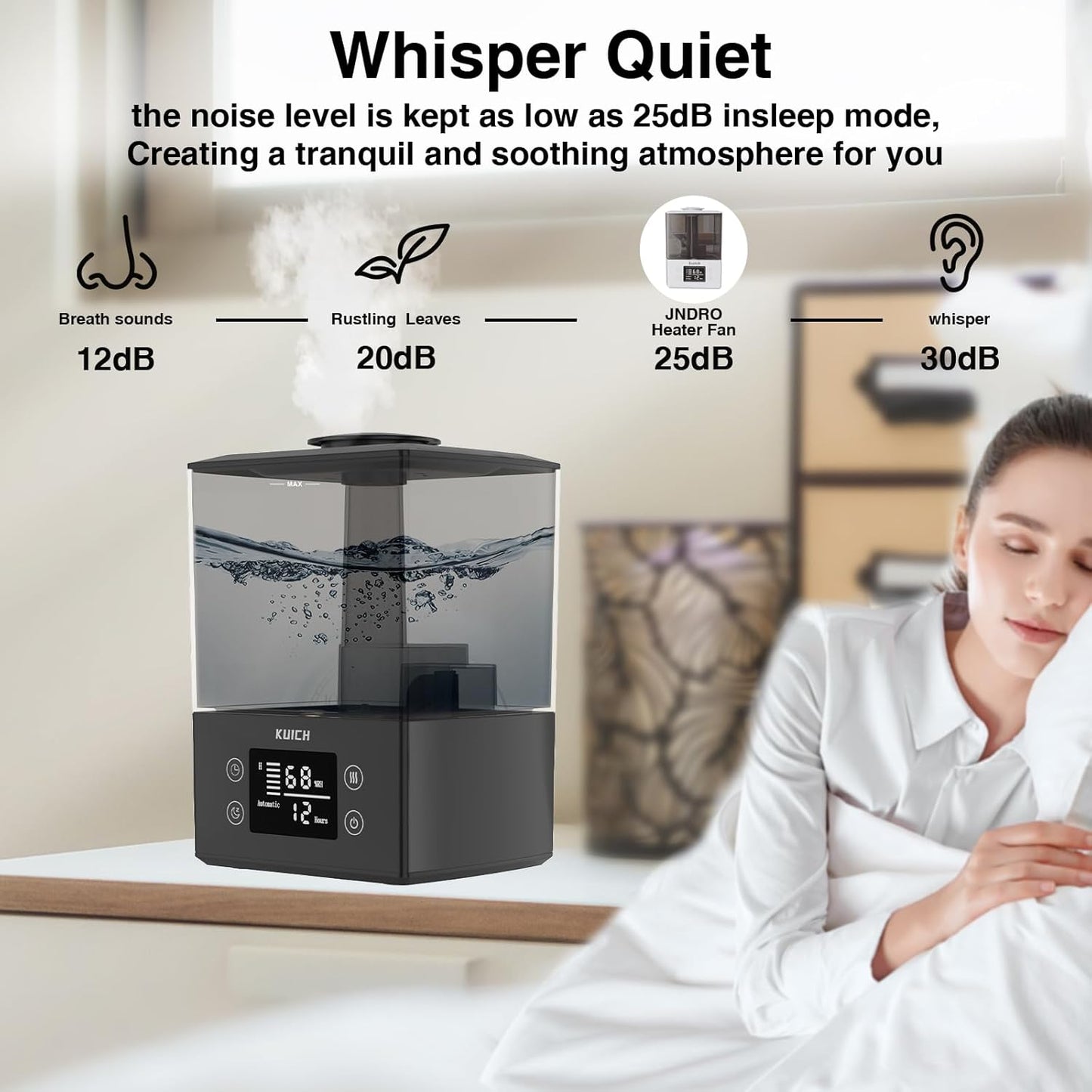 Air Humidifiers for Bedroom and Baby, Home & Plants - KUICH 2.4L Cool Mist Humidifiers for Nursery, 26db Quiet Top Fill Air Humidifier Lasts Up to 30 Hours, Auto Shut-Off, Easy to Fill and Clean,Black