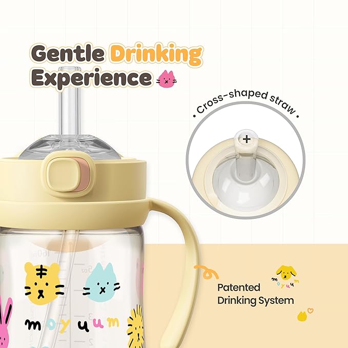 MOYUUM Leak Proof Sippy Cup with Handle | Made in Korea, 100% BPA Free PPSU, Magic No Spill Straw Cup with Attached Flip Top Lid, Easy to Hold for Babies and Toddlers, 6oz Yellow