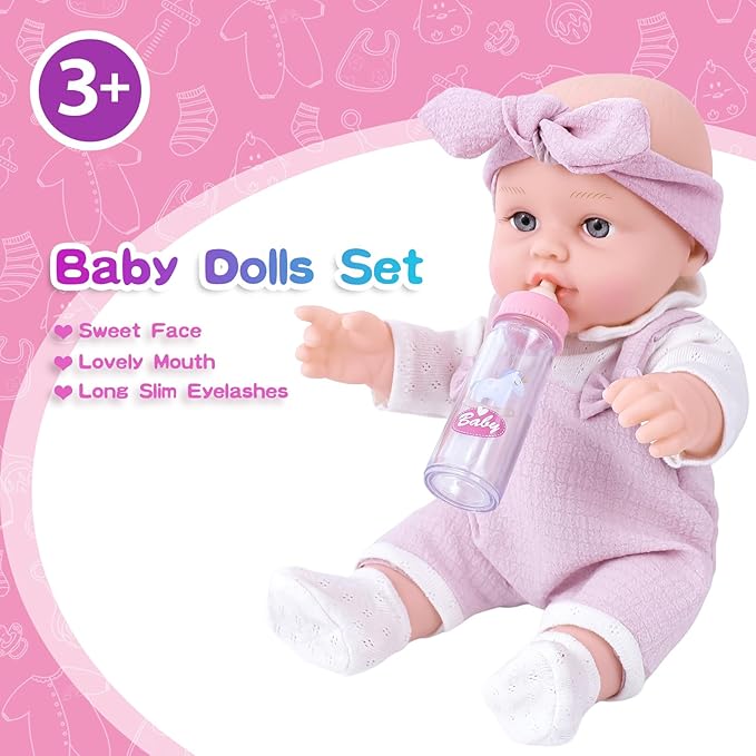 12'' Baby Doll Playset with Clothes and Dolls Carrier Accessories Included Baby Carrier, Bottles, Nipple, Socks, Headbands
