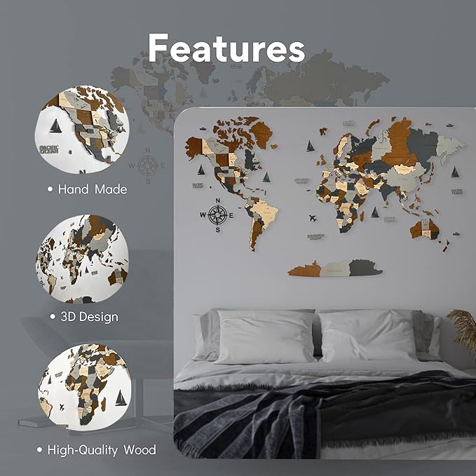 Wooden World Map 3D Art Large Wall Decor - Size (M, L, XL) Any Occasion Gift Idea - Wall Art For Home, Kitchen or Office (XL, SKY)