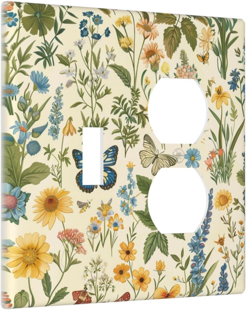 Decorative Outlet Covers Rustic Plant Garden Leaf Flower Butterfly 2 Gang Wall Plate Cover Single Toggle Duplex Combo Two Switch Light Switch Cover Plate Jumbo Dual GFCI Faceplate