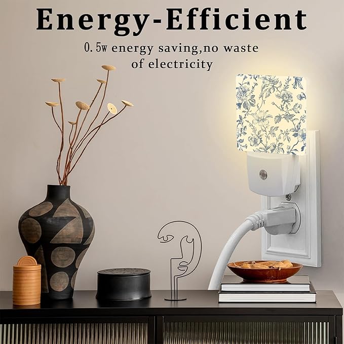 Vintage Blue Flowers Night Light, Abstract Botanical Floral Leaves Dusk to Dawn Night Light Plug in, 0.5w Energy Saving Sleep Friendly NightLight for Kids Boys Girls Home Decor