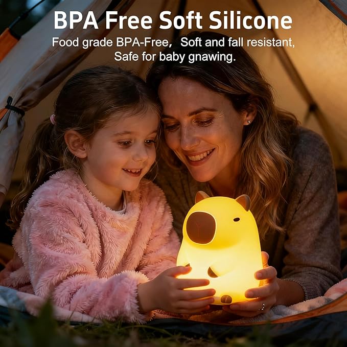 Cute Capybara Night Light for Kids, Squishy Capybara Lamp Gifts, Nursery Bedroom Decor, 2 Levels Dimmable Nursery Nightlight for Kids，Rechargeable LED Bedside Lamp with 20 Min Timer & Tap Control