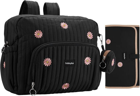 Diaper Bag Backpack, Medium Maternity baby bag & Changing Pad, Insulated Pockets, Stroller Straps & Pacifier Case (Medium - Black Flowers)