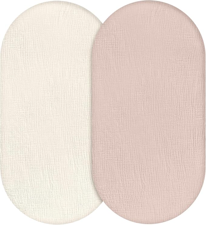Muslin Bassinet Fitted Sheets, 2 Pack for Baby Boy and Girl, Soft Breathable Stretchy Baby Pad/Mattress Sheet Set, Universal Fit for Hourglass Oval and Rectangle Bassinet Mattress (Gentle Colors)
