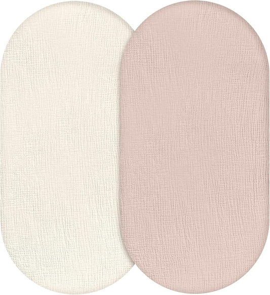 Muslin Bassinet Fitted Sheets, 2 Pack for Baby Boy and Girl, Soft Breathable Stretchy Baby Pad/Mattress Sheet Set, Universal Fit for Hourglass Oval and Rectangle Bassinet Mattress (Gentle Colors)