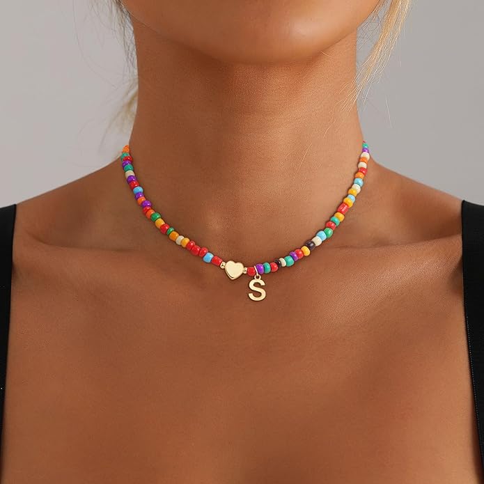Colorful Initial Necklaces for Girls Women Kids - Teen Girls Gifts Trendy Beaded Initial Necklace Dainty Letter Gifts Choker Necklace for Girl Jewelry