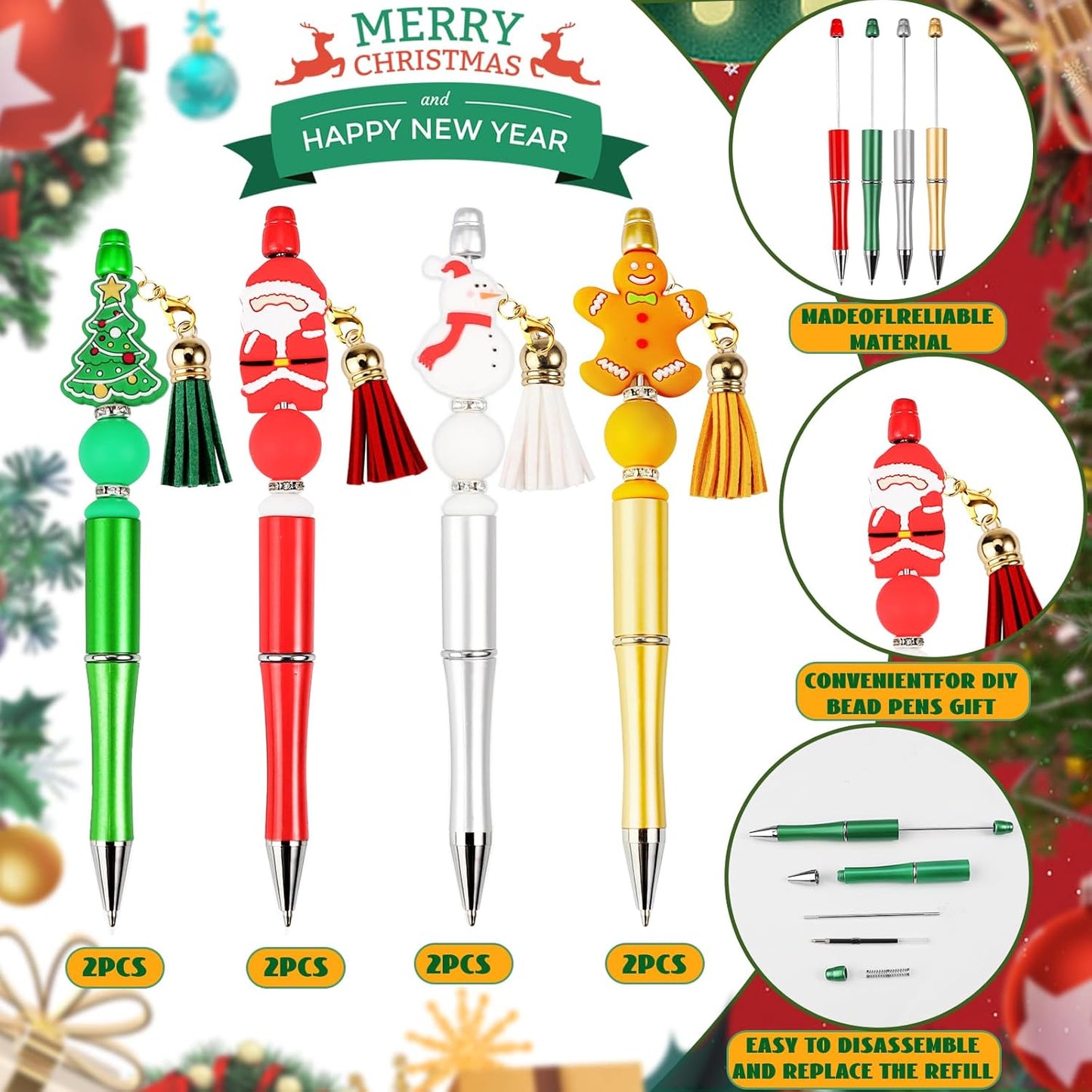 CZWZ 8 Pcs Christmas Beadable Pens, Plastic Beadable Pens with Multicolor Silicone Beads, Christmas Snowman Pine Tree Floral Hoop Deer Pens for Christmas Gifts Office School Supplies