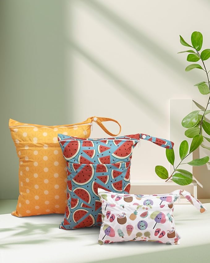 ALVABABY 3 Cloth Diaper Wet Dry Bags Waterproof Reusable with Two Zippered Pockets Travel Beach Pool Daycare Soiled Baby Items Yoga Gym Bag for Swimsuits or Wet Clothes Small medium Large 3L-SML06