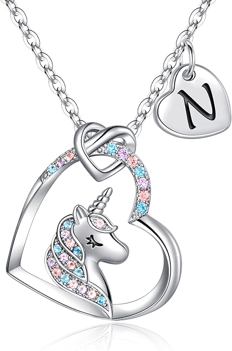 Hidepoo Unicorn Necklace Gifts for Girls - Colorful CZ Heart Pendant Initial Unicorns Necklaces for Teens Little Girls Jewelry Birthday Gift for Girl Daughter Granddaughter Niece