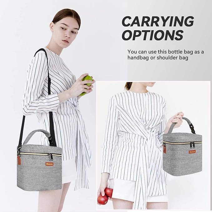 Mancro Baby Bottle Bag with Insulated Cooler, Fits 6 Baby Bottles Up to 9 Ounce with Ice Pack, Breastmilk Cooler Bag with Adjustable Shoulder Strap for Easy Carrying, Grey