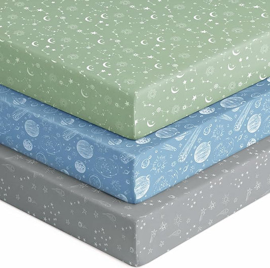 Baby Crib Sheets for Boys Girls, 28x52x8in Fitted Crib Sheet Neutral 3 Pack for Standard Crib and Toddler Mattress, Breathable Soft Microfiber Baby Sheet Green Gray Constellation