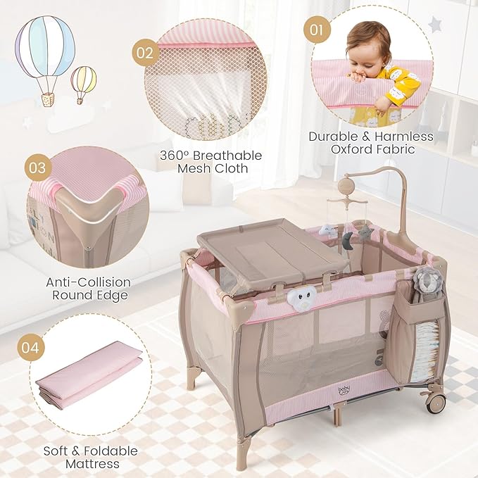 Costzon 3 in 1 Pink Pack and Play with Bassinet, Portable Baby Playard with Changing Table, Music Box, Whirling Toys, Wheels/Brake, Basket, Bag, Foldable Infant Pink Bassinet for Baby Girl Toddlers