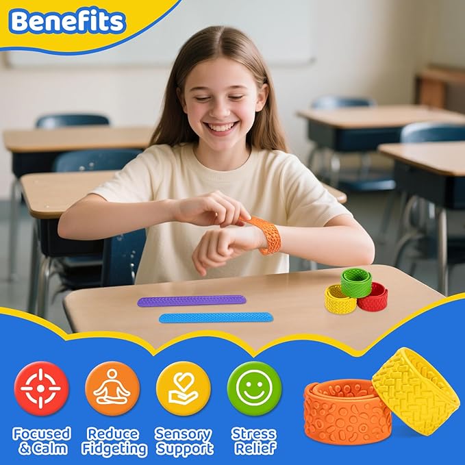 Textured Slap Bracelets - 6PC Silicone Sensory Fidget Toys for Kids, Teens & Adults - Calming Tools for Autism, ADHD, Anxiety & Stress Relief - Ideal for Classroom Rewards, Party & Special Needs Gifts