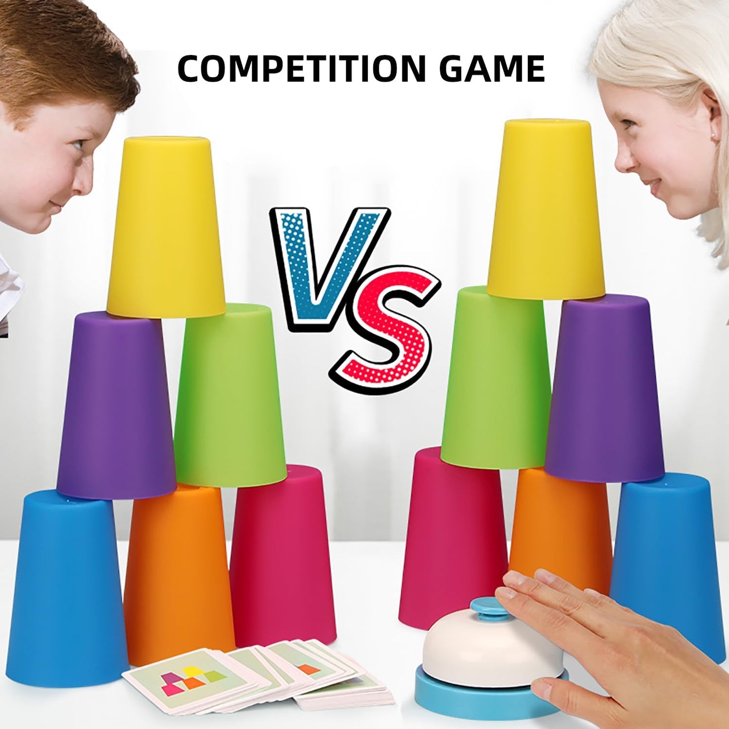 Battle Stacking Cups (54 Cards, 12 Cups, 1 Bell) - Color Sorting Cognitive Training Table Game, Puzzle Competitive Parent-Child Interactive Toy for Halloween