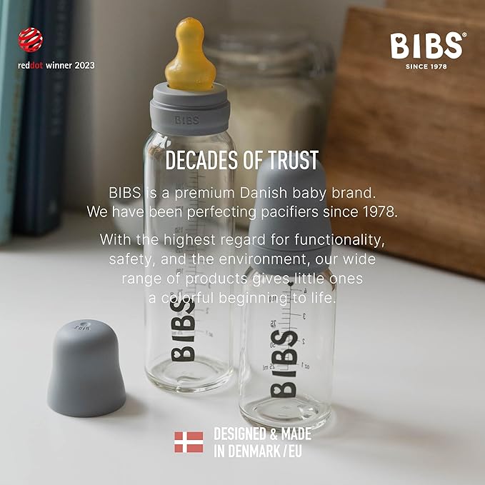 BIBS Baby Glass Bottle Complete Set 110 ml | BPA Free Natural Rubber | Made in Denmark | Blush