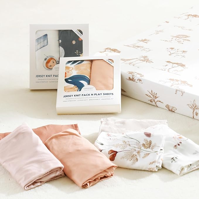 GRSSDER Pack n Play Sheets Fitted 3 Pack, Stretchy Ultra Soft Jersey Knit Pack and Play Sheets, Universal Fitted Portable/Mini Crib Mattresses Snug and Safe, Dream & Blush Flora Print