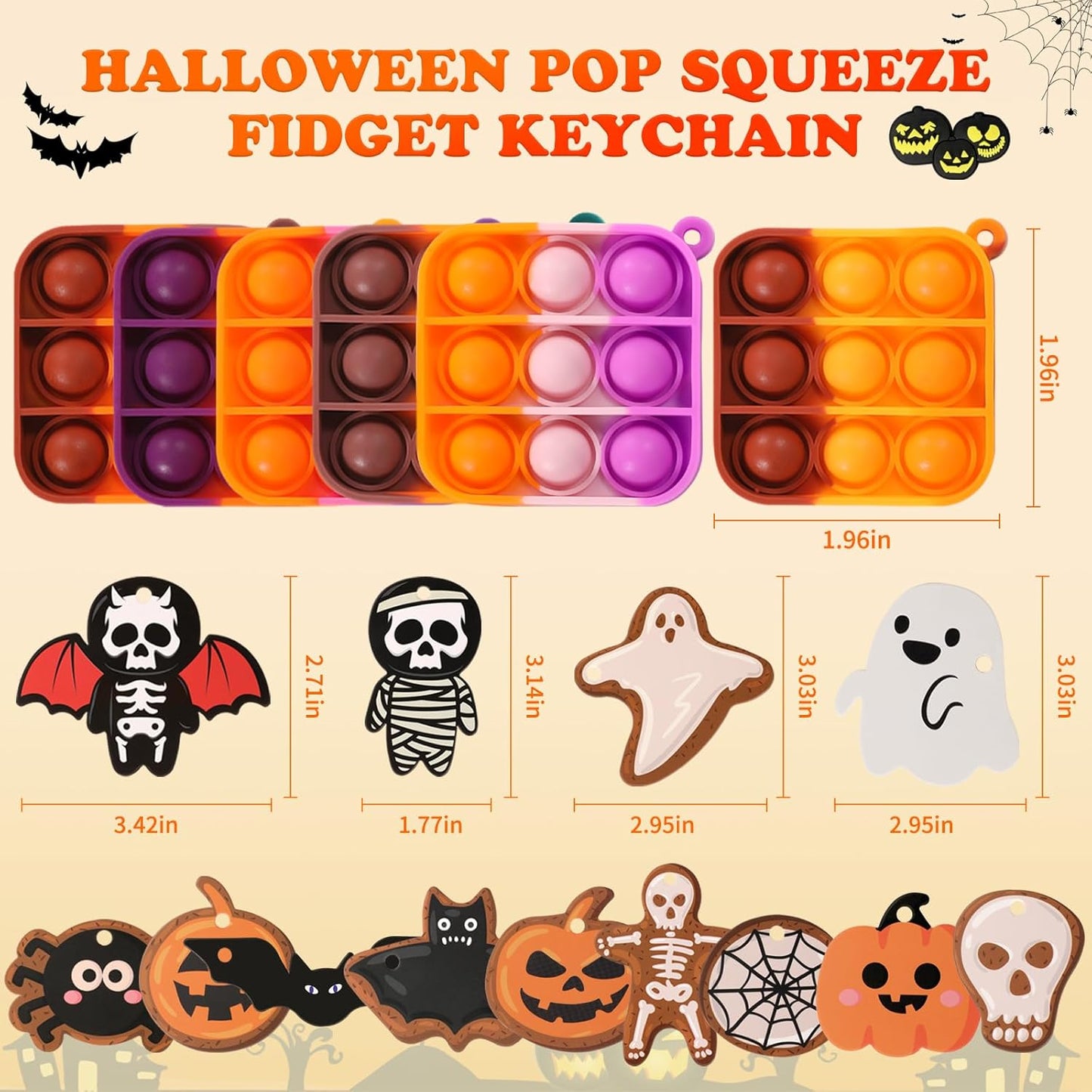 64Pack Halloween Mini Pop Fidget Toys Pack with Cartoon letter Party Favors, Silicone Squeeze Pop Bubble Fidget Bulk Sensory Toys, Pop Keychain Bubble Toy Party Bag Fillers for Kids, Wrap Pop Toy