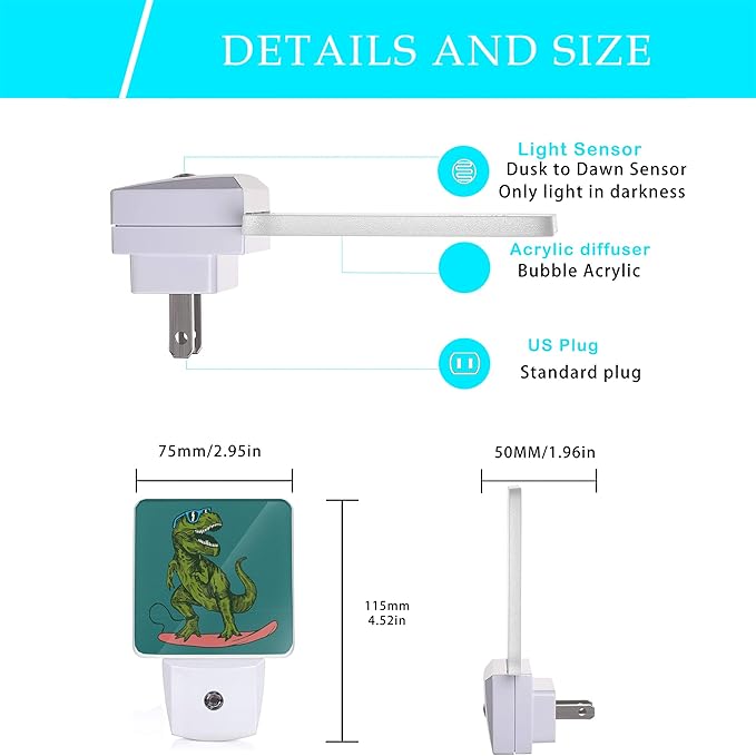 Dinosaur Night Light,Happy Dinosaur Surfer Night Lights Plug into Wall with Dusk to Dawn Light Sensors 0.5W Dim Night-Lights for Bedroom