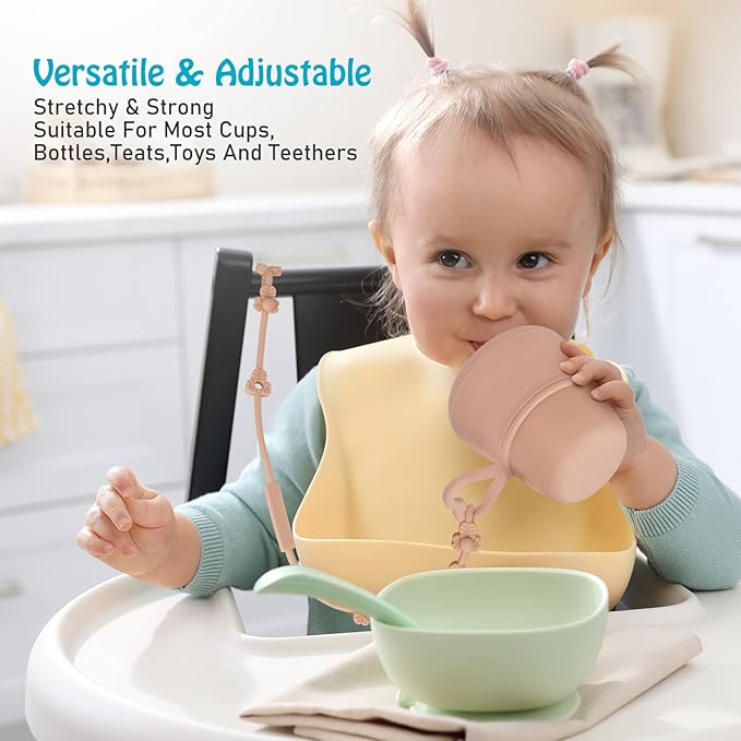 Toy Safety Straps, Silicone Pacifier Clips, Adjustable Stretchable Sippy Cup Straps for Strollers, High Chair, Cribs, Hanging Baskets, Car Seat, Shopping Trolley, 2 Pack (Muted+Apricot)