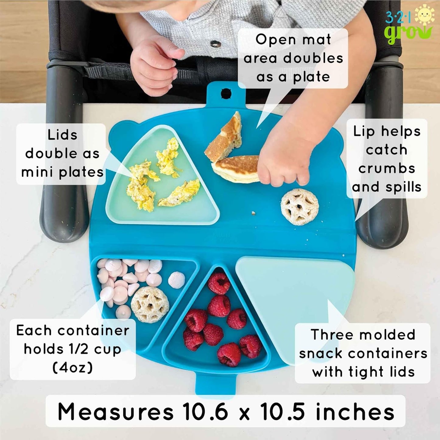 On-The-Go Snack Mat – Baby Silicone Travel Dining Placemat – Portable Silicone Toddler Plate – Reusable Snack Container with 3 Compartments and Lids for 6 Months + (Watermelon)