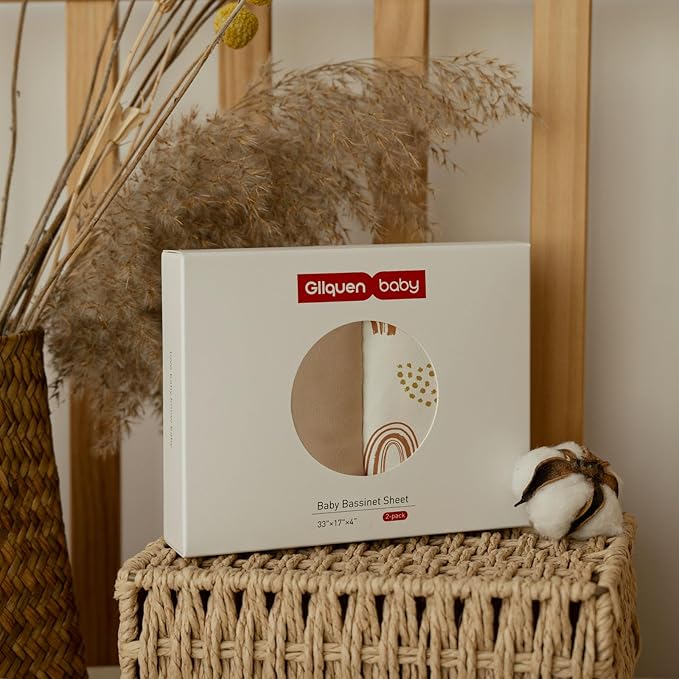 Gllquen Baby Bassinet Sheets 2 Pack, 100% Organic Cotton Bassinet Fitted Sheets for Girls Boys, Soft & Breathable Unisex Baby Mattress Sheet for Standard Bassinets 33"x17"(Khaki)