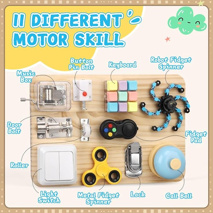 Busy Board for Toddler Kid Early Development, Fidget Sensory Learning Motor Skills Montessori Toy for Age 3 4 5, Busy Pad Fidget Spinner Travel Toy Birthday Gifts Educational Activities for Boy Girl