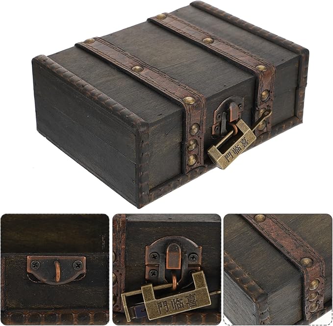 Veemoon Vintage Small Wooden Lock Box Antique Storage Case Retro Jewelry Chest Craft Collection Organizer Pirate Treasure Chest for Jewelry Cosmetics Photography Props